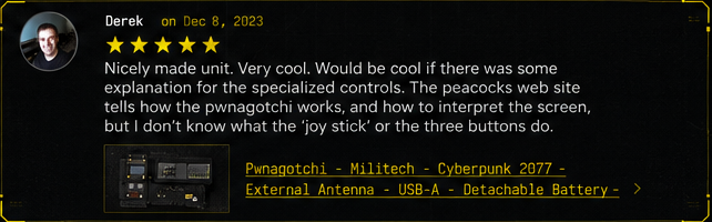 Five-star review from Derek praising the build quality and specialized controls.