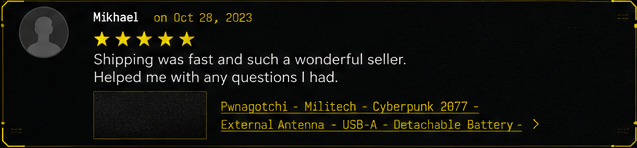 Five-star review from Mikhael praising fast shipping and helpful support.