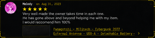 Five-star review from Melody praising build quality and above-and-beyond support.